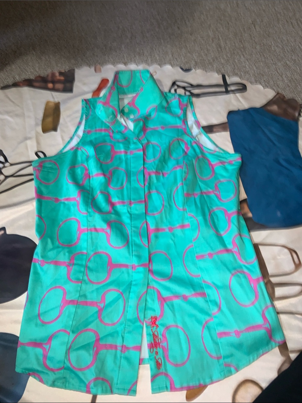 Middy N Me SUMMER SNAFFLES Sleeveless Button-Down Shirt in Turquoise & Pink BITS